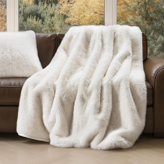 EVERGRACEHOME Luxury Faux Fur Throw Blanket, Soft Fluffy Faux Mink Blankets for Bed, Couch, Sofa, Thick Cozy Plush Warm Fur Throws with Reversible Velvet, Ivory Mink, 50"x60"