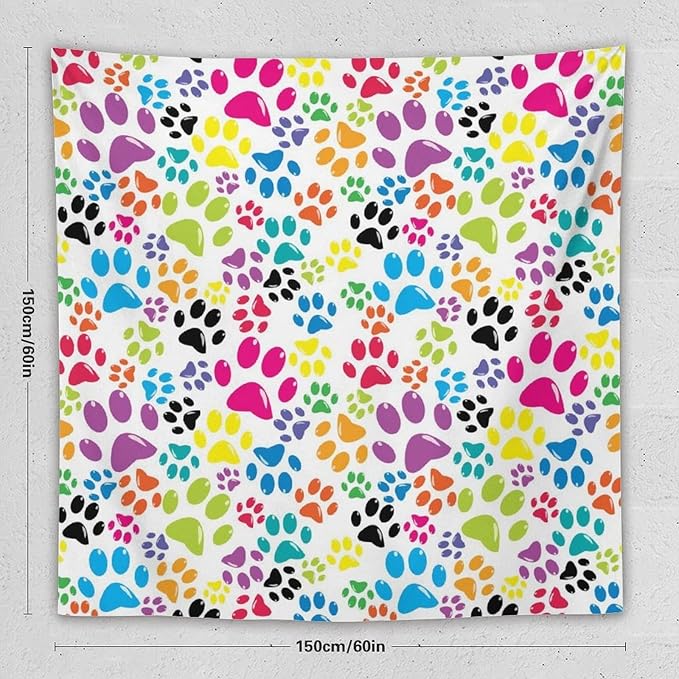 VUMIVI Dog Paw Tapestry Funny Colorful Cartoon Animal Footprints Blue Black Red Tapestry Wall Hanging for Living Room Bedroom Dorm Classroom Aesthetic Decor W60xL60in