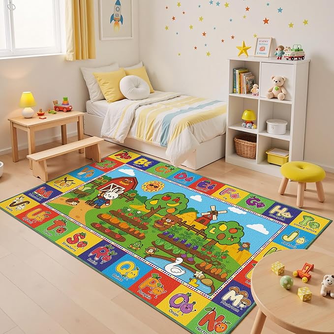 Upgrade Ultra Non Slip Kids ABC Rug for Kids Playroom, 5x8 Washable Alphabet Educational Learning Play Mat for Toddlers Baby Boys Girls, Colorful Farm Carpet for Nursery, Classroom & Bedroom, 60"x96"