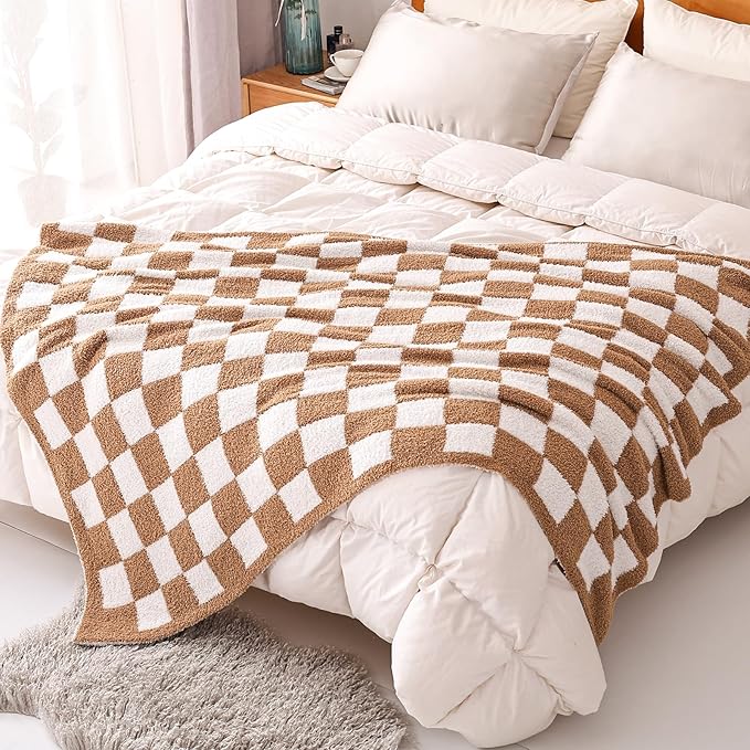 Panku Checkered Blanket, Ultra Soft Checkered Throw Blanket, Warm Fluffy Checkerboard Blanket for Couch and Sofa (50x60 Inches, Camel)