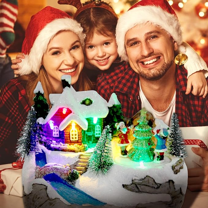 Christmas Collectibles Building Village House Musical Snow Globe Resin Figurines with 8 Music Snowman, Christmas Train Come with Xmas Gift (Tree)