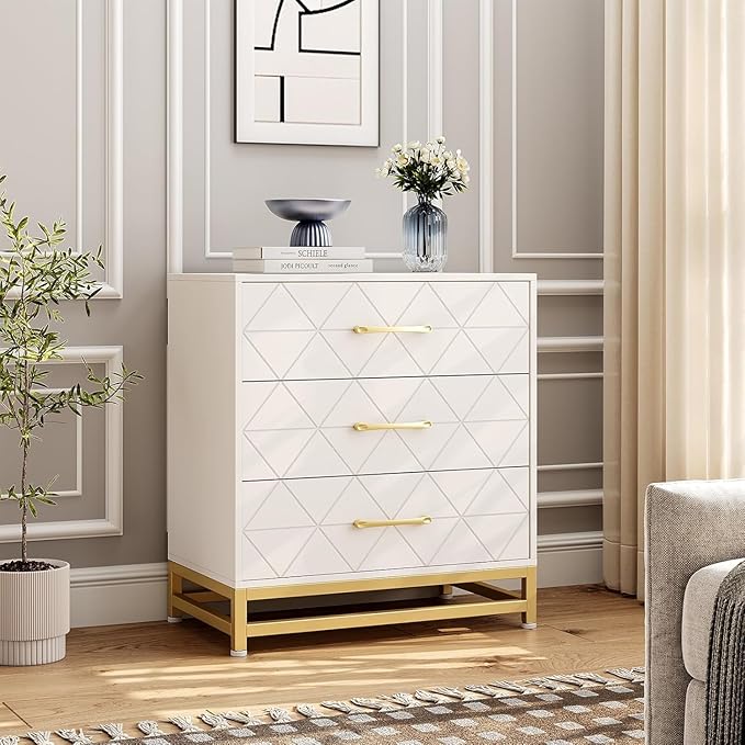 GarveeHome Wooden Dresser for Bedroom, Dressers & Chest of Drawers with 3 Drawer, Wood nightstand for Storage and Organization (White)