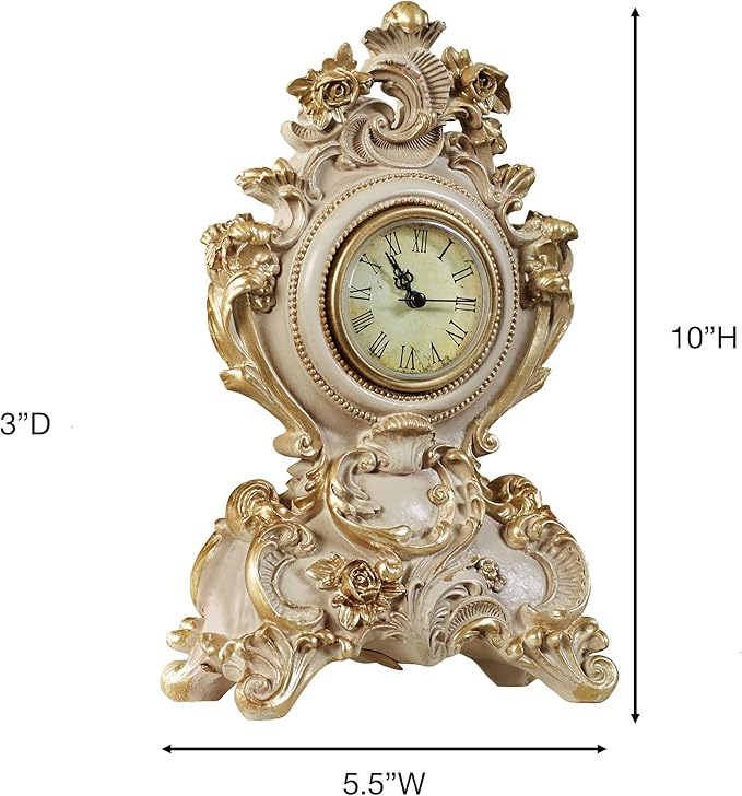 Touch of Class Oliviana Table Clock - Resin - Ivory, Gold - Victorian Style - Acanthus Leaves - Vintage Decor for Bedroom, Bathroom Shelf, Living Room, Mantel, Entryway, Foyer