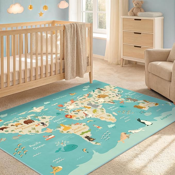 3x5 Animal World Map Rug for Kids Nursery – Soft Educational Play Mat with Cute Animals by Continent, Washable Stain Resistant Toddler Bedroom Rug - Blue