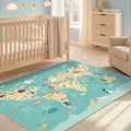 3x5 Animal World Map Rug for Kids Nursery – Soft Educational Play Mat with Cute Animals by Continent, Washable Stain Resistant Toddler Bedroom Rug - Blue