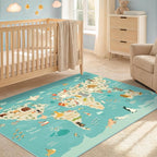 3x5 Animal World Map Rug for Kids Nursery – Soft Educational Play Mat with Cute Animals by Continent, Washable Stain Resistant Toddler Bedroom Rug - Blue