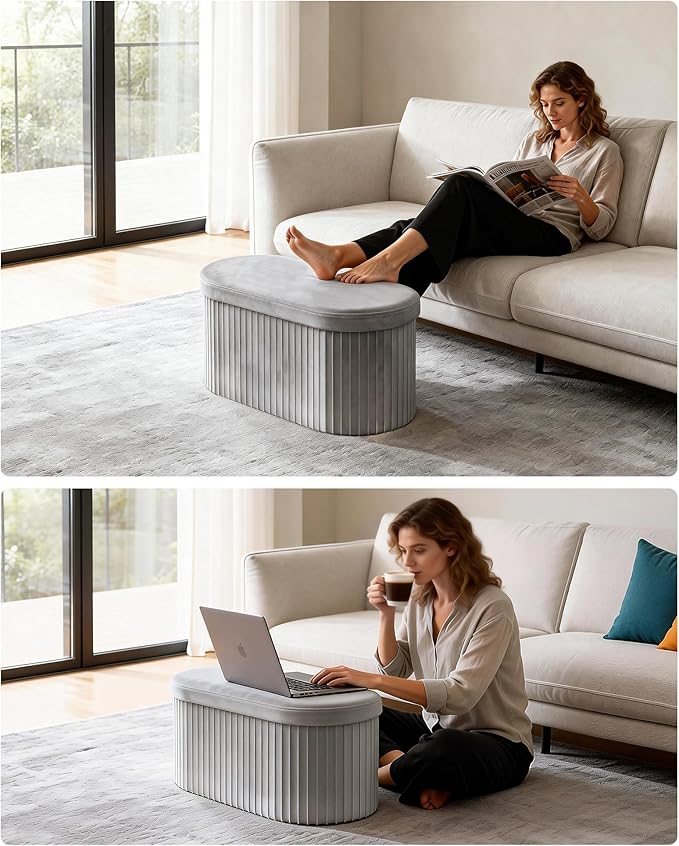 GLAXYFUR Oval Storage Ottoman Bench, Velvet Foot Rest, 30 Inch Folding Chest for Living Room, Bedroom, Grey