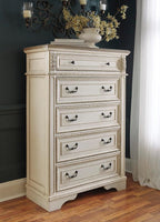 Signature Design by Ashley Realyn French Country 5 Drawer Chest, Tipover Restraint Device, 2-tone Finish, Wood, 40.13" W x 18.13" D x 58.13" H, Chipped White