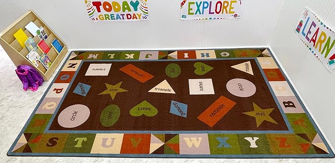 KIDCARPET.COM Shapes & Alphabets - Earth Tone Rectangle Classroom Rug | Bordered Area Rug for Preschool Daycare Learning, 7'6" x 12'