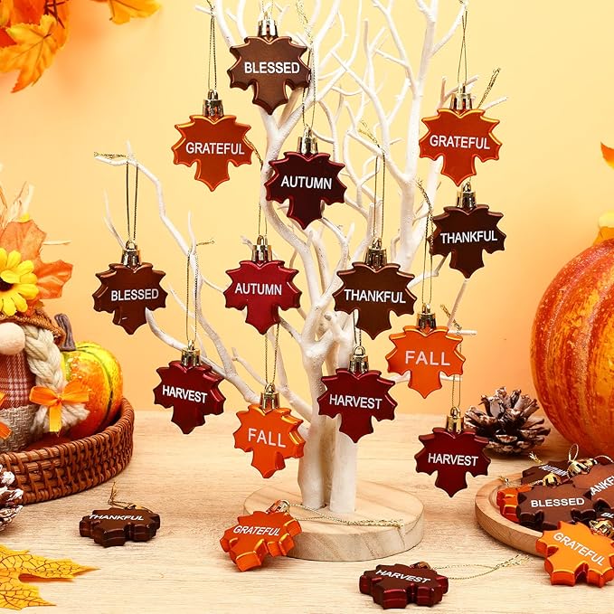JULMELON 24Pcs Fall Thanksgiving Maple Leaf Ornaments Maple Leaves Tree Decorations Autumn Harvest Hanging Ornaments with Rope Maple Pendant for Farmhouse Rustic Party Favors Craft Supplies