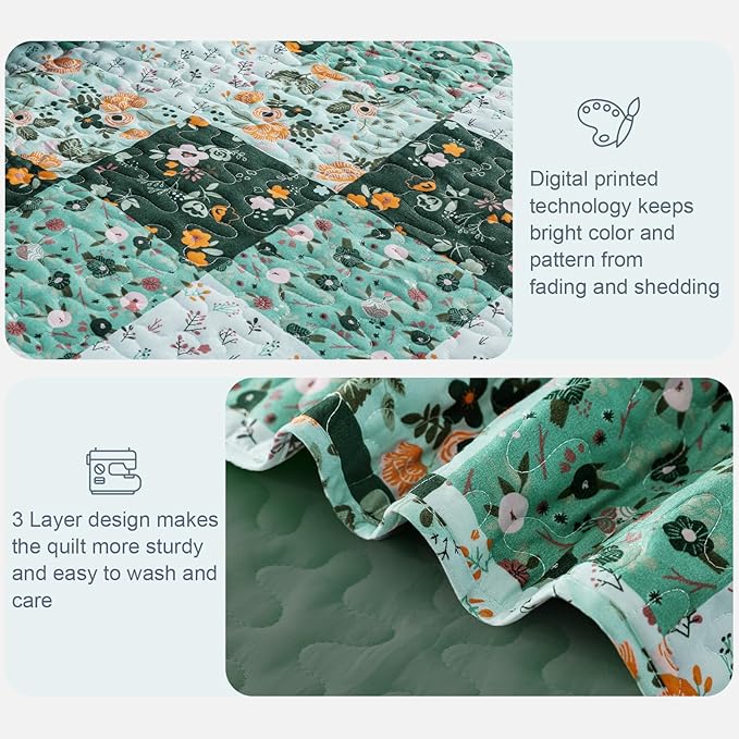 Exclusivo Mezcla Reversible Boho Quilts Twin Size, Green Bedspreads Lightweight Coverlet All Season Patchwork Quilt Bedding Set with Printed Floral Pattern (1 Quilt, 1 Pillow Sham)