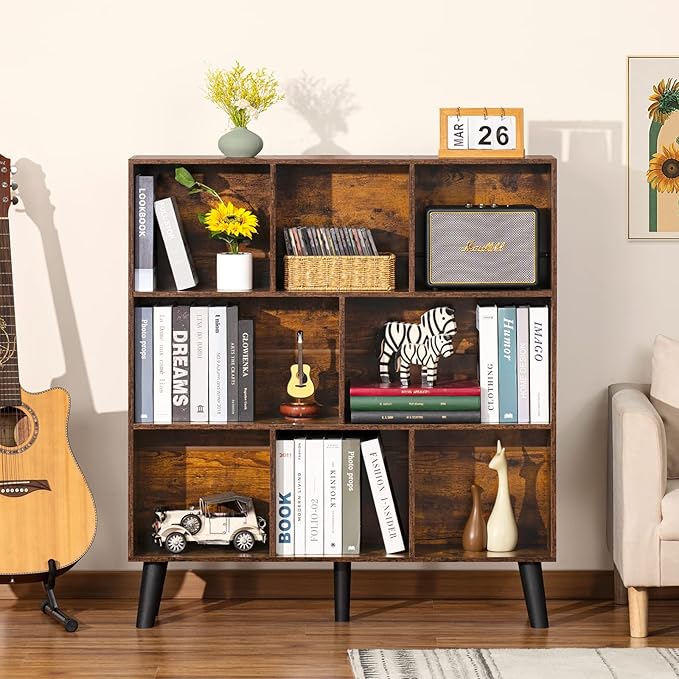 LEYAOYAO 8 Cube Bookshelf,3 Tier Bookcase with Legs,Rustic Brown Mid-Century Modern Bookshelves,Large Open Storage Organizer Shelf, Wooden Book Case