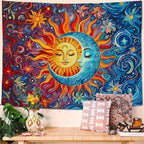 Sun and Moon Tapestry Boho Hippie Orange Red Blue Floral Tapestry for Bedroom Aesthetic Abstract Plant Flowers Stars Small Tapestries Wall Hanging for Living Room Dorm 60 x 44 Inch