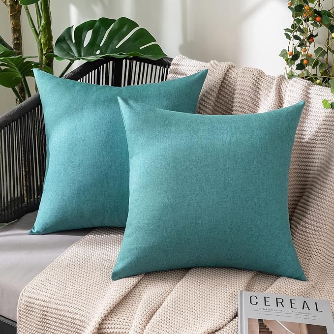 MIULEE Pack of 2 Decorative Outdoor Solid Waterproof Throw Pillow Covers Faux Linen Garden Farmhouse Coastal Cushion Cases for Summer Patio Tent Balcony Couch Sofa 16x16 Inch Turquoise