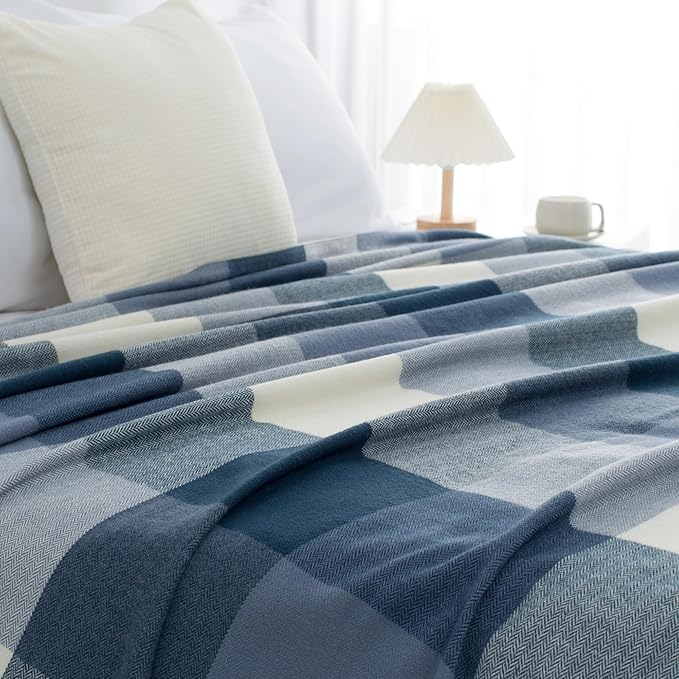 Buffalo Plaid Throw Blanket for Couch with Tassels,50"X60" Soft Lightweight Knitted Boho Decorative Blankets for Bed and Sofa Blue