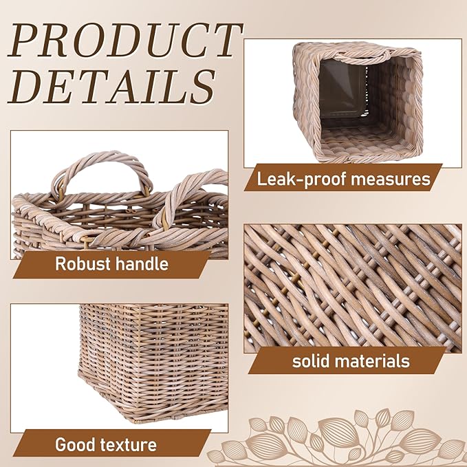 Rattan Umbrella Holder for Entryway 20.5h x 9l x 9w Inch Square Umbrella Stand with Plastic Water Catch, Umbrellas Basket Bucket Fit Walking Cane Tall Umbrellas Storage for Home Office