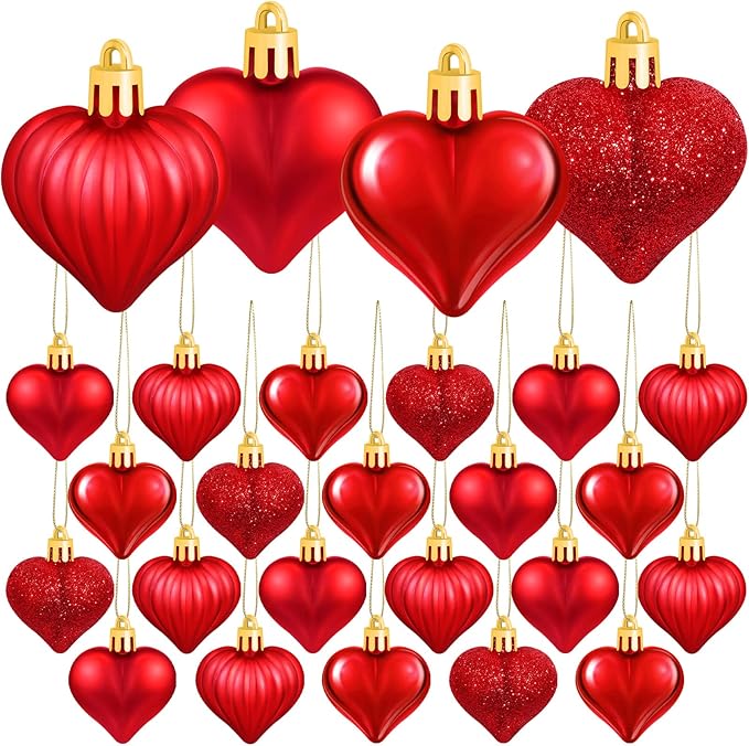 Elcoho 48 Pieces Valentine's Day Heart Shaped Baubles Hanging Heart Ornaments Valentines Tree Decorations for Valentines Day Ornaments Party Wedding Anniversary Decor, Red