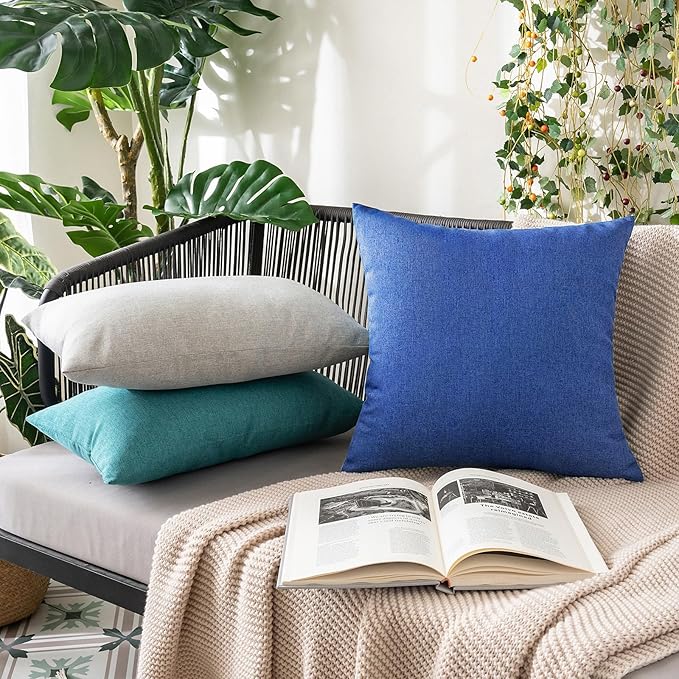MIULEE Pack of 2 Decorative Outdoor Solid Waterproof Throw Pillow Covers Faux Linen Garden Farmhouse Coastal Cushion Cases for Summer Patio Tent Balcony Couch Sofa 18x18 Inch Royal Blue