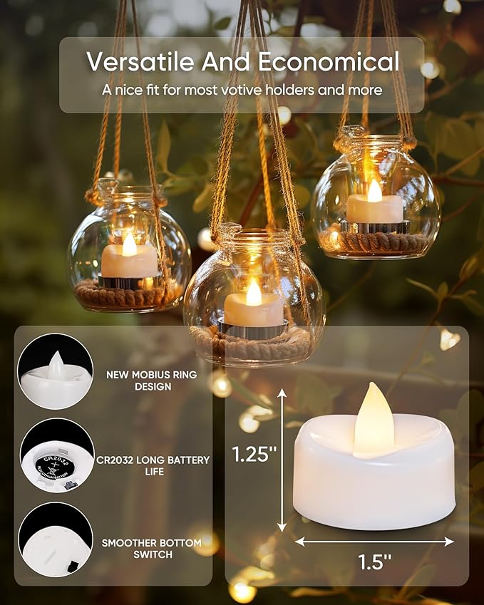 Flameless Candles, 12-Pack Tea Lights Candles Battery Operated Bulk, Flameless Tealight Candles, Realistic Tea Lights for Halloween Christmas Wedding Table Decor, 1.5'' D X 1.25'' H