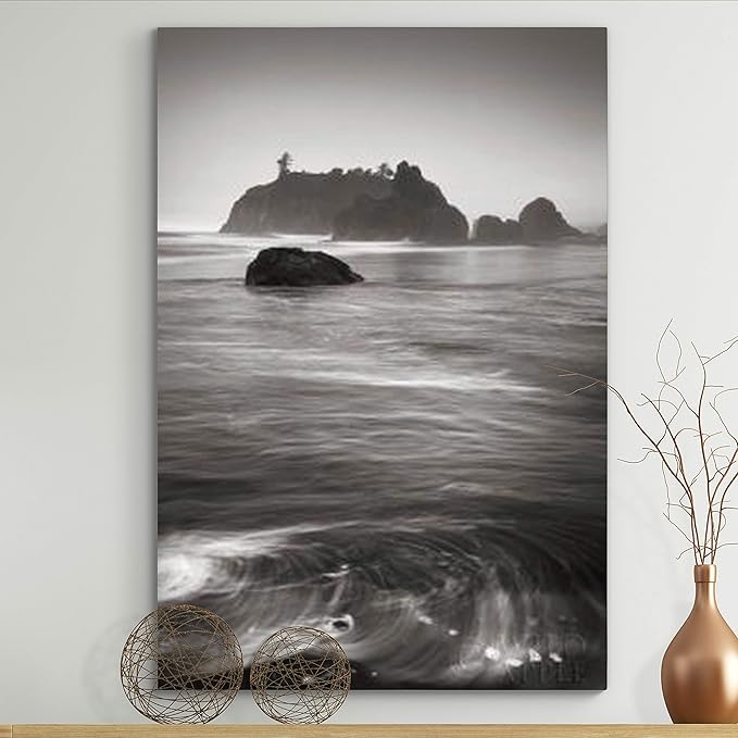 Renditions Gallery Canvas Nature Wall Art Modern Paintings Decorations Vintage Calm Ocean Rock Black & White Wall Hanging Scenic Artwork for Bedroom Dining Office Kitchen - 12"x18" LT06