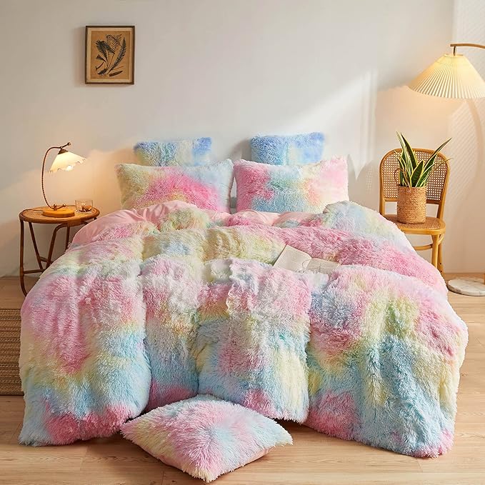 XeGe Plush Shaggy Rainbow Duvet Cover Set, 3 Pieces Soft Fluffy Furry Tie Dye Bedding Set(1 Multicolor Faux Fur Fuzzy Comforter Cover + 2 Pillowcases), Zipper Closure(Queen Size, Rainbow)