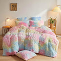 XeGe Plush Shaggy Rainbow Duvet Cover Set, 3 Pieces Soft Fluffy Furry Tie Dye Bedding Set(1 Multicolor Faux Fur Fuzzy Comforter Cover + 2 Pillowcases), Zipper Closure(Queen Size, Rainbow)