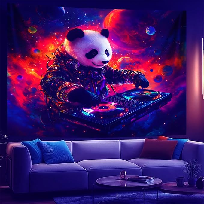 NYZE Blacklight Tapestry Panda Music Wall Tapestry Art Party Banner Colourful Poster Design Tapestries for Hip Hop College Dorm Room Bedroom Wall Decor 59in×51in