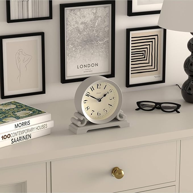 JONES CLOCKS® Saloon Mantel Clock | Traditional Double Scroll Design | Gray | Contemporary Classic Style for Desk, Table, Shelf or Bedside
