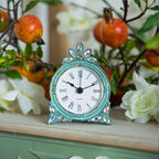 NIKKY HOME Vintage Pewter Quartz Mini Table Clock with Crystal Shining Rhinestone, 2.87 x 1.37 x 3.87 Inches, Aqua