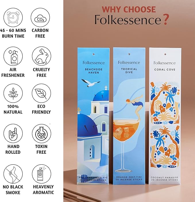 Folkulture Incense Sticks (120 Sticks) | Set of 6 Premium Summer Incense Stick for Mediation, Aromatherapy,Gifts| No Charcoal, Organic, Non Toxic, 45 Mins, Long Burning Summer Scents Insence-Sticks
