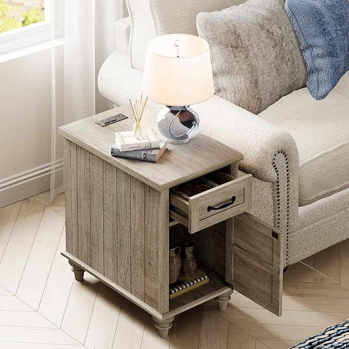 WAMPAT End Table with Charging Station, Grey Side Table with Storage Cabinet & Drawer, Wooden Nightstand with Power Outlets & Type-C USB Ports for Bedroom, Living Room