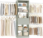 Closet System, 4-8 FT Closet Organizer Tower with 2 Wooden Drawers and 5 Hanging Rods, Can Fit 60 to 96 inch Walk-in Closet System, Crab Green