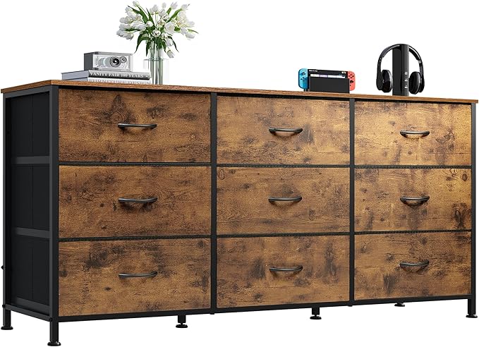 WLIVE 47''W Dresser for Bedroom, Dresser TV Stand for 45, 50, 55 inch TV, Wide Chest of Drawers with 9 Drawer, Large Entertainment Center, Fabric Dressers with Wood Top for Living Room, Rustic Brown