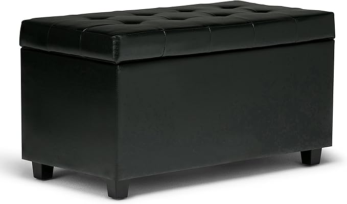 SIMPLIHOME Cosmopolitan Storage Ottoman - 34 inch Wide Upholstered Vegan Leather Rectangle Storage Ottoman Bench in Midnight Black, Transitional Tufted Ottoman for Living Room with Lift-Up Lid