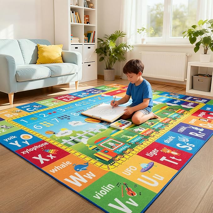 ST. BRIDGE Educational Kids Rug for Playroom 3x5 Feet, Non Slip Play Mat with ABC Alphabet, Numbers & Animals for Toddler Preschool Nursery Classroom, Soft Washable Area Rug for Early Learning
