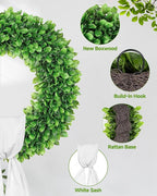 Vlorart 24 Inch Faux Round Boxwood Wreath, Weatherproof Front Door Large Wreaths Artificial Spring Summer Greenery Wreath with Sash for Farmhouse Wedding Year Round Indoor and Outdoor