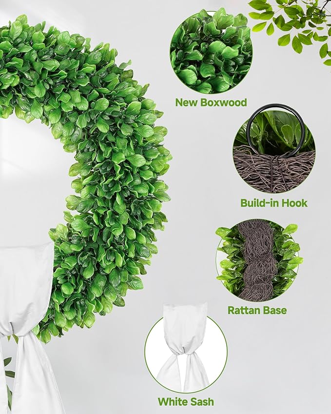 Vlorart 24 Inch Faux Round Boxwood Wreath, Weatherproof Front Door Large Wreaths Artificial Spring Summer Greenery Wreath with Sash for Farmhouse Wedding Year Round Indoor and Outdoor