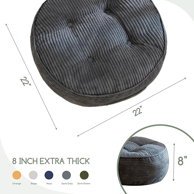 8" Washable Floor Pillow Cushion for Adults, Meditation Cushion Pillow, Large Round Floor Sitting, Removable Tufted Corduroy Cover, for Tatami Living Room or Yoga, 22x22 Inch, 2Pack, Machine Washable