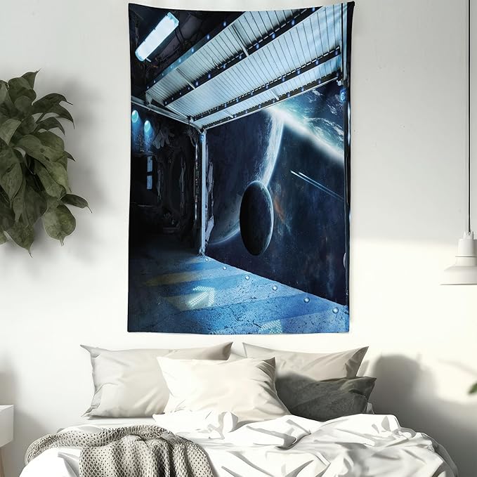Ambesonne Outer Space Tapestry, Moon Before Station Planet Apocalypse Landing Alternative Humanoid Robots Print, Wall Hanging for Bedroom Living Room Dorm Decor, 40" X 60", Night Blue