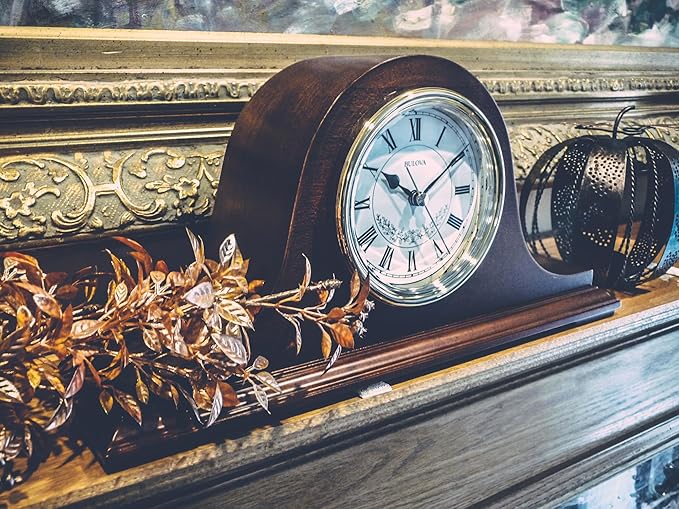 Bulova B1929 Bulova Annette I Chiming Mantel Clock, Model B1929 | Classic Mahogany Finish | Westminster Melody on The Hour | Battery Powered I Chiming Clock