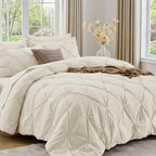 Sasttie King Size Comforter Set, 7-Piece Bed in a Bag, Pintuck Bedding Set for All Season, Includes Comforter, Flat Sheet, Fitted Sheet, Pillowcases and Pillowshams, Beige