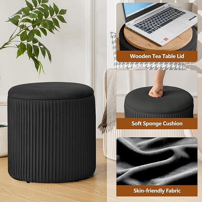 Ottoman with Storage Set of 2, Velvet Round Storage Ottoman, Upholstered Sponge Vanity Stool Support 300lbs, Multifunctional Coffee Table Foot Rest Ottomans for Living Room Bedroom, Black