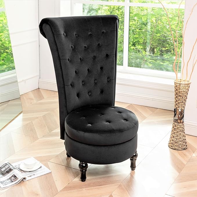 Royal High-Back Velvet Accent Chair for Vanity with Storage and Luxurious Upholstery, Retro Design and Versatile Usage for Living Room, Bedroom, Lounge and Office, Black