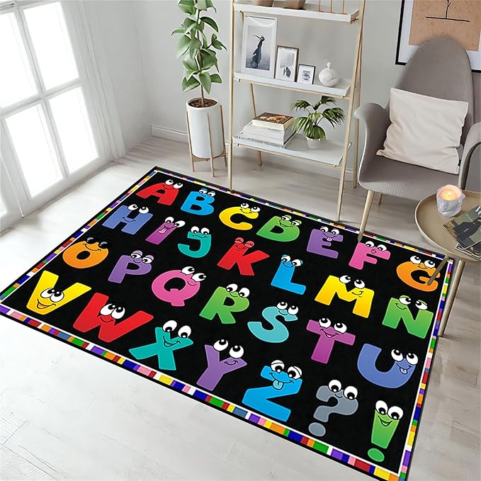 Kids Area Rug English Characters ABC and Math Symbols Learning Carpets, Lovely Black Foldable Large Area Rugs Perfect for Dining Room Bedside Kids Boys Bedroom Playroom Hallway, 2x5ft