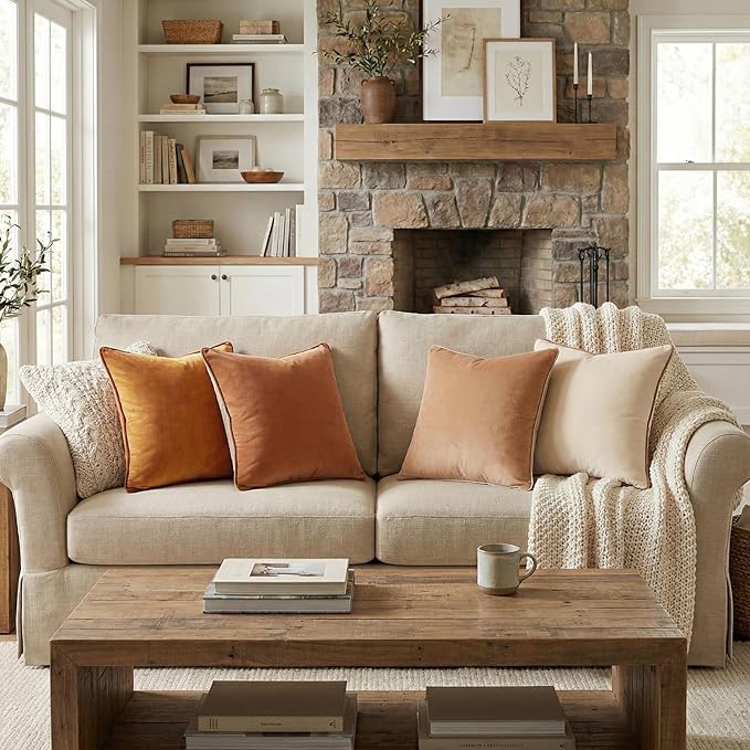 Mecatny Set of 4 Velvet Throw Pillow Covers 18x18, Soft Colorful Accent Decorative Couch Pillow Covers for Sofa Bedroom Living Room, Brown/Khaki