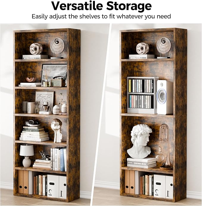6-Tier Industrial Bookcase, 63" Tall Freestanding Wood Bookshelf with Open Display Storage Shelves for Living Room, Bedroom, Home Office, Rustic Brown