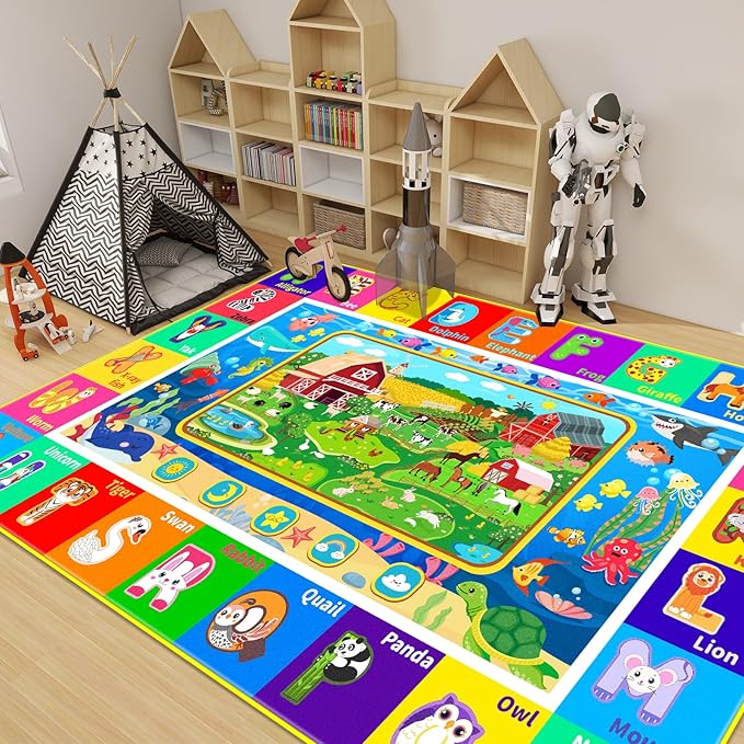 Kids Rug for Playroom, ABC Educational Rug with Farm Sea Animal Print, Floor Play Mat Carpet for Bedroom Nursery Preschool Classroom (59 X 39.4 INCH, Farm)
