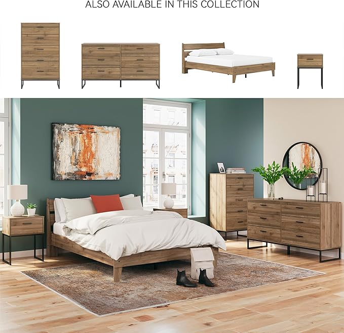 Signature Design by Ashley Deanlow Mid-Century Modern 6 Drawer Dresser with Safety Stop for Bedroom, Light Brown & Black