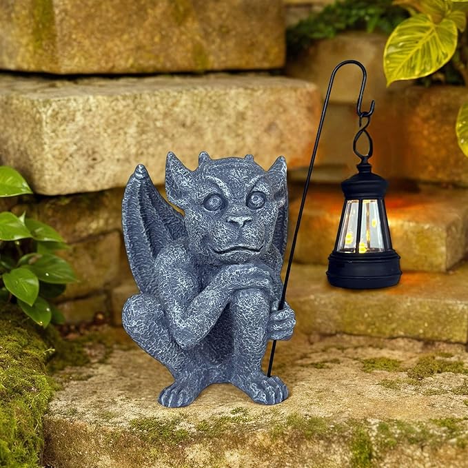 Gargoyle Statues Outdoor with Solar Lantern Gothic Garden Lamp Decor Outside Dragon Winged Gargoyle for Porch Patio Lawn Yard Ornament Trolls Figurine Gifts for Women Mom Grandma