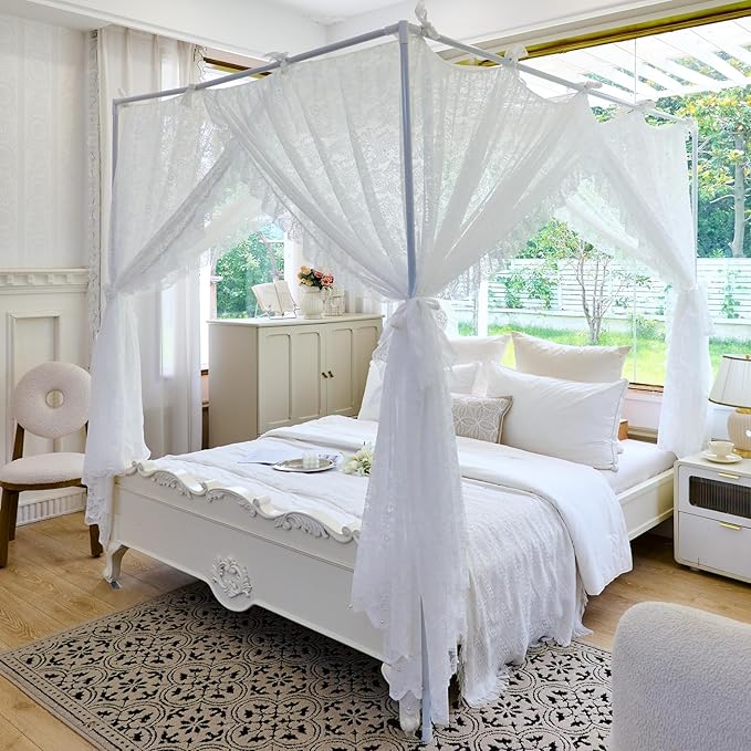 AIKASY Elegant Lace Princess 4-Poster Bed Canopy Mosquito Net - Romantic Wedding Bridal Bedroom Decor, Kids Room Bed Curtain for Women Adults - (White-3,Queen)